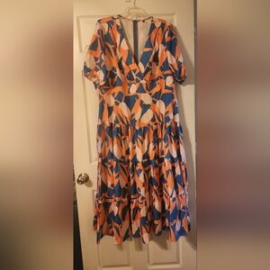 Blue and Orange Puff Sleeve Maxi Sundress